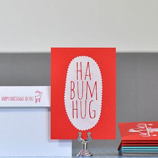 set of six 'ha bum hug' christmas cards by bread & jam