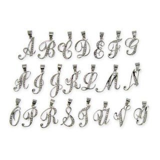 Sterling Silver Cubic Zirconia Cursive Initials Letter F (capital): Pendant Necklaces: Jewelry