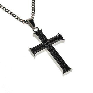 Christian Mens Stainless Steel Abstinence "For God so Loved the World That He Gave His Only Begotten Son That Whosoever Believes Into Him Shall Not Perish but Have Eternal Life" John 3:16 Black Iron Cross Purity Necklace for Boys on 20" Curb