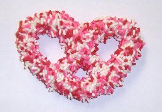 Scott's Cakes 1 lb. White Chocolate Covered Pretzels with Valentine's Day Sprinkles in a Candy Stripe Tray with Red Krinkle : Candy And Chocolate Covered Pretzel Snacks : Grocery & Gourmet Food