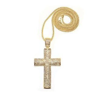 2 Sided Iced Out Gold Cross Pendant Piece w/ 30" & 36" Franco Chain   30 Inches: Jewelry