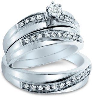 14k Yellow OR White Gold Mens and Ladies Couple His & Hers Trio 3 Three Ring Bridal Matching Engagement Wedding Ring Band Set   Round Diamonds   Solitaire Center Setting w/ Channel Set Side Stones (1/4 cttw)   SEE "PRODUCT DESCRIPTION" TO CHO