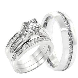 His & Hers 4 Pc, Womens STERLING SILVER, Men's STAINLESS STEEL Engagement Wedding Rings Set, AVAILABLE SIZES men's 7,8,9,10,11,12,13; women's set: 5,6,7,8,9,10. CONTACT US BY EMAIL THROUGH  WITH SIZES AFTER PURCHASE!: Jewelry