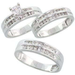 14k White Gold 3 Piece Trio His (6mm) & Hers (5mm; 5mm) Wedding Band Set, w/ 0.62 Carat Brilliant Cut & Invisible Set Diamonds; (Men's size 8.5 to 12.5; Ladies' Size 5.5 to 8.5), size 6.5: Jewelry