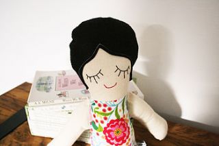 handmade doll with personalised bag by lou brown designs