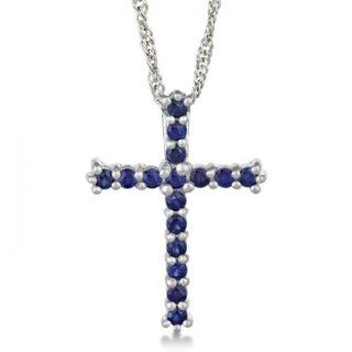 Genuine Blue Sapphire Cross Pendant Necklace Sterling Silver Prong Set (0.80ct): Allurez: Jewelry