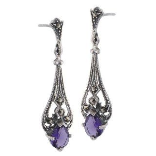 Victorian Teardrop Purple CZ & Marcasite Sterling Silver Dangle Earrings   New: Marcasite & Teardrop Amethyst Earrings: Jewelry