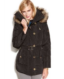 MICHAEL Michael Kors Petite Coat, Hooded Faux Fur Trim Quilted Belted Puffer   Coats   Women