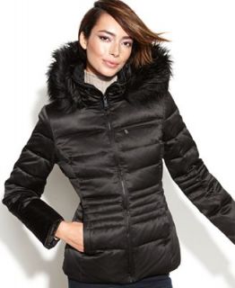 DKNY Petite Coat, Hooded Faux Fur Trim Quilted Puffer   Coats   Women