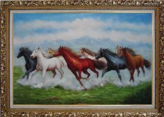 8 Running Horses on the Prairie Large Oil Painting, with Ornate Gold Wood Frame 30x42 Inch   Eight Running Horses Painting