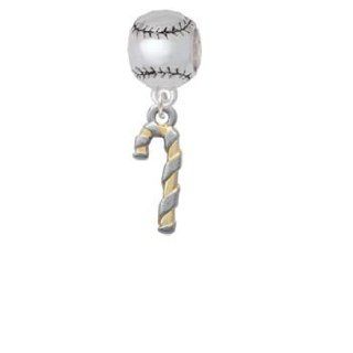 3 D Silver and Gold Candy Cane Softball Charm Bead: Jewelry