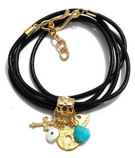 Cross Black Bracelet with Lucky Charms, Heart, Turquoise Stone and Evil Eye: Jewelry Bracelets For Women: Jewelry