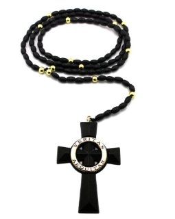 Veritas Aequitas Boondock Saints Cross Rosary w/5mm 39" Wooden Beads Rosary Necklace XJ199BKG Black Gold: Jewelry
