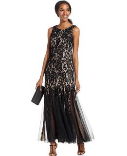 Betsy & Adam Sleeveless Lace Illusion Pleat Gown   Dresses   Women