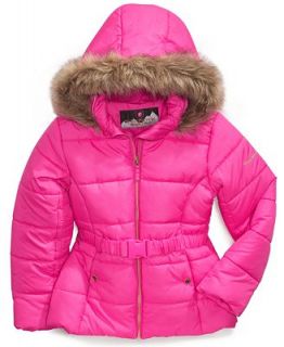 Protection System Kids Coat, Girls Faux Fur Trim Belted Bubble Jacket   Kids