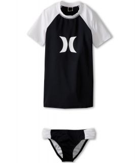 Hurley Kids One Only Solids Rashguard Top Banded Pant Girls Swimwear Sets (Black)