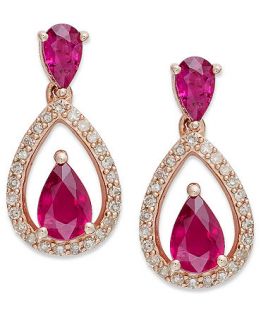 10k Rose Gold over Sterling Silver Earrings, Ruby (1 3/4 ct. t.w.) and Diamond (1/5 ct. t.w.) Pear Shaped Drop Earrings   Earrings   Jewelry & Watches