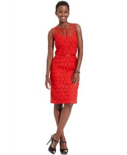 Maggy London Dress, Sleeveless Illusion Floral Lace Belted Sheath   Dresses   Women