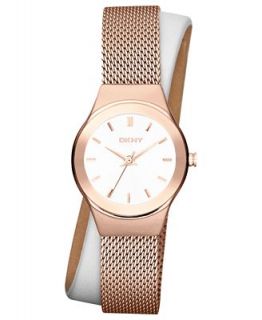 DKNY Watch, Womens White Leather and Rose Gold Ion Plated Stainless Steel Mesh Double Wrap Strap 28mm NY8800   Watches   Jewelry & Watches