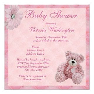 Pink Teddy Bear & Flowers Girl's Baby Shower Invite