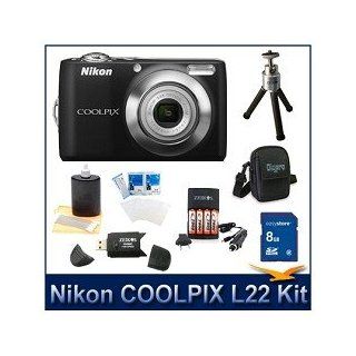 Nikon Coolpix L22 Digital Camera (Black), 12 Megapixels, 3.6x Optical Zoom (37 134mm), 3" High Resolution LCD, 8 GB Memory Card, Digpro Camera Case, and Cleaning Kit, Card Reader, and Tripod  Camera & Photo