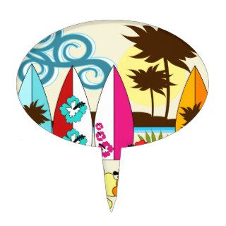 Surf Shop Surfing Ocean Beach Surfboards Palm Tree Cake Toppers