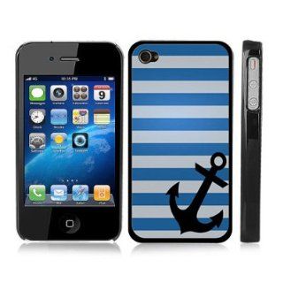 Blue and White Striped Anchor Sea Life Captain Snap On iPhone Cover w/ Black Carrying Hard Plastic Case for iPhone 4/4S Cell Phones & Accessories