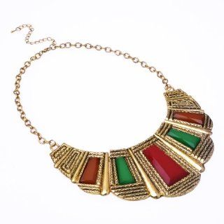 Vintage Golden Chain Trapezoid Colorized Resin Beads Pendant Bib Statement Necklace: Jewelry
