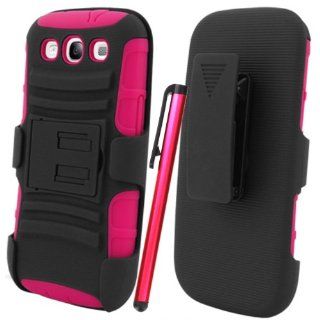 [ManiaGear] Samsung Galaxy S3 S 3 SIII Black/Hot Pink Heavy Duty Combat Holster Case + Screen Protector & Stylus Pen: Cell Phones & Accessories