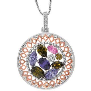 Sterling Silver with Pink Gold Plated Multi Color Cubic Zirconia Round Pendant Necklace, 18": Jewelry