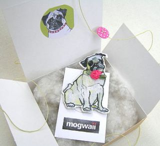 pug dog brooch with flower by mogwaii design