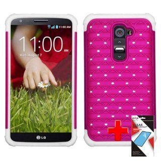 LG G2 (T Mobile) 2 Piece Silicon Soft Skin Hard Plastic Rhinestone/Diamond/Bling Spot Case Cover, White/Pink + SCREEN PROTECTOR Cell Phones & Accessories