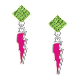 Hot Pink Lightning Bolt Light Green Crystal Diamond Shaped Lulu Post Earrings Jewelry
