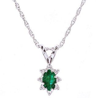 14k White Gold Natural Emerald & Diamond Necklace Pendant Ct.tw 0.30 Jewelry