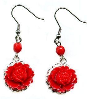 Silver Tone and Red Rose Resin Flower Earrings Vintage Victorian Style Surgical Steel Posts Ak1811: Jewelry