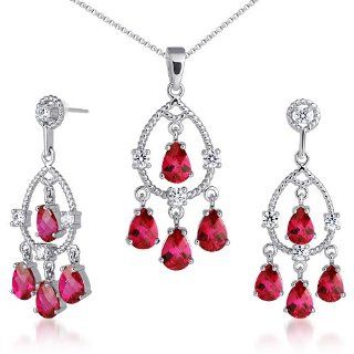 Celebrity Inspired Pear Checkerboard Shape Created Ruby Pendant Earrings Set in Sterling Silver Rhodium Nickel Finish: Earring And Pendant Necklace Sets: Jewelry