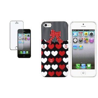 CommonByte Black White Red Heart Ribbon Rubber Hard Case+Anti Glare Film For iPhone 5 G Cell Phones & Accessories