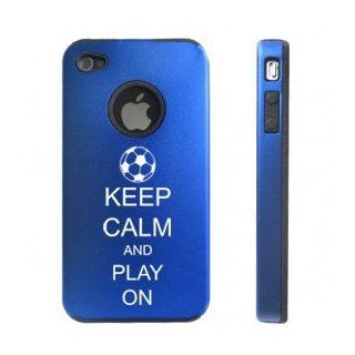 Apple iPhone 4 4S 4G Blue D2291 Aluminum & Silicone Case Cover Keep Calm and Play On Soccer: Cell Phones & Accessories