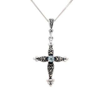 Sterling Silver Marcasite Pave Blue Topaz Cross Pendant Necklace, 18": Jewelry