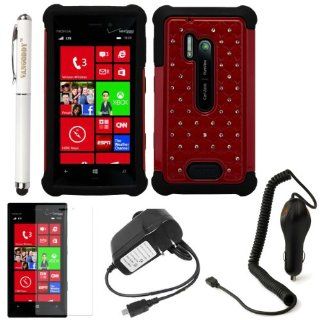 Red Embeded Studded Diamond Faceplate with Silicone Skin Cover for Nokia Lumia 928 Windows Phone 8 + VG Executive Laser Pointer Stylus Pen + Black Rapid Micro USB Wall Home Charger + Black Rapid Micro USB Car Charger: Cell Phones & Accessories
