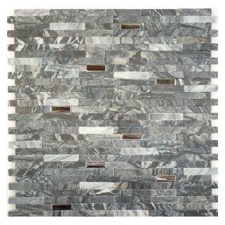Mosaic Tile Backsplash Interlocking Polished Stainless Steel and Grey Stone Tiles Random Bricks Grey Metal 10PCS MBC105   Marble Tiles  