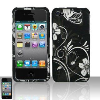 Apple Iphone 4, 4s Phone Protector Hard Cover Case Black White Flower Butterfly Design (AT&T, Verizon, Sprint) Cell Phones & Accessories