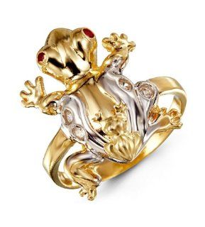 14k Yellow White Gold Red CZ Frog Womens Fashion Ring: Jewelry
