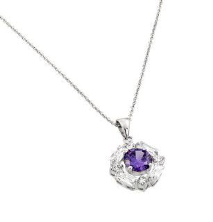 Rhodium Plated 925 Sterling Silver Round Purple Amethyst Cubic Zirconia Center Designer Charm Pendant Necklace with 17" 18" Adjustable Link Chain: Jewelry