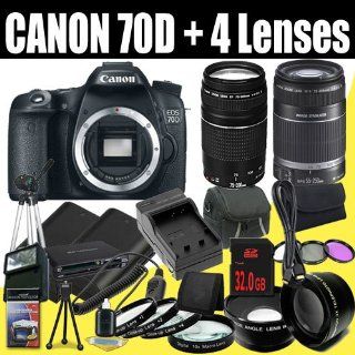 Canon EOS 70D 20.2 MP Dual Pixel CMOS Digital SLR Camera + EF 75 300mm f/4 5.6 III & EF S 55 250mm f/4.0 5.6 IS Telephoto Zoom Lens + Two LP E6 Replacement Lithium Ion Battery & Charger Kit + 32GB SDHC Class 10 Memory Card & Wallet + 58mm Wide 