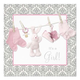 Pink Clothesline Baby Girl Shower Custom Announcements