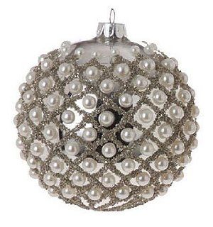 Shiny Silver Pearl Criss Cross Glass Ball Christmas Ornament 4" (100mm)   Christmas Decorations
