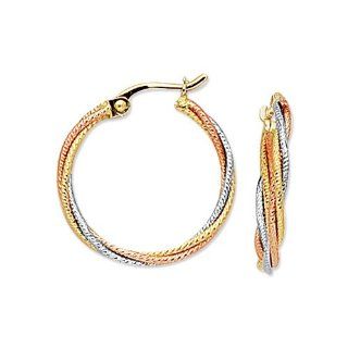14K Yellow, Rose & White Gold Polished Textured Tri Color Multi Twisted Small Braided Hoop Earrings Jewelry