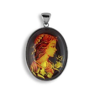 Stunning Silver Tone Fine polished Oval Shape Reverse Hand Carved Faux Cameo Cabochon Stone Yellow Brown Dark Red Girl And Lilies Design Rhodium Plated Tarnish Frees Pendants: Sports & Outdoors