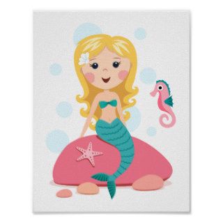 Blond mermaid cartoon girl with starfish seahorse print